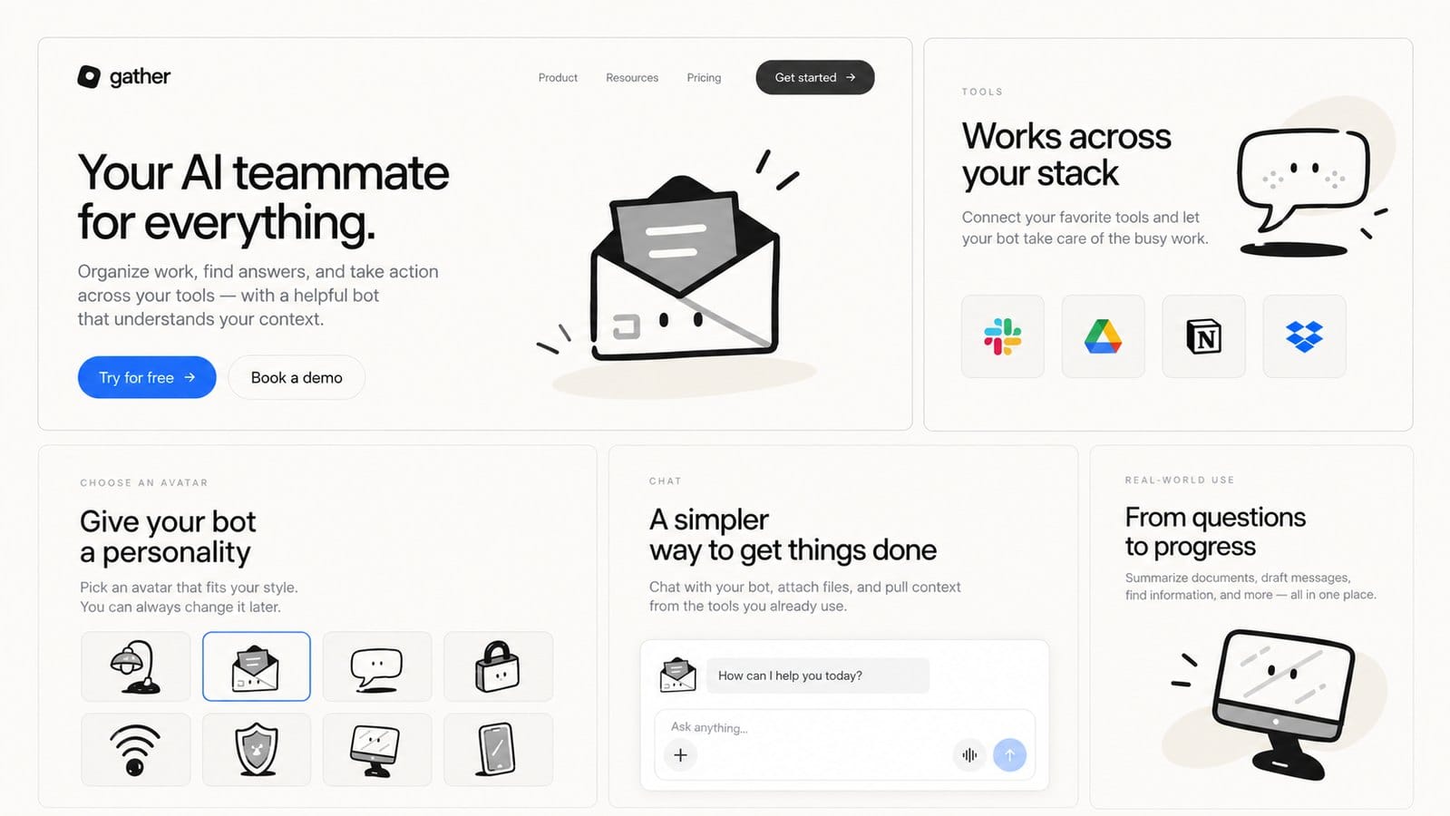 Showcase mockup of an AI teammate landing page from the Bots pack page: an open envelope with eyes beside the headline, a speech bubble and a monitor with faces on feature cards, and a Give your bot a personality card with eight small avatars next to a chat box