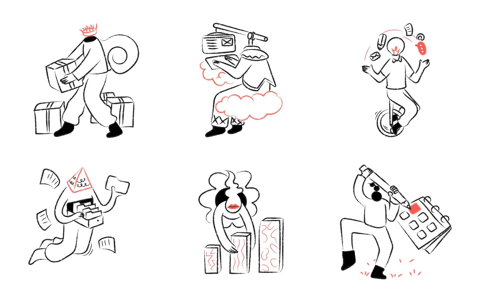 Six Surreality Chapter 4 drawings on white in loose black line with red accents: a crowned figure with a snail shell on its back carrying a parcel among boxes, a figure sitting on a red cloud at a keyboard under a hanging email window, a lightbulb headed person juggling on a unicycle, a figure with a triangle head and a filing drawer for a chest among flying papers, a figure with wild hair sorting bar chart blocks, and a figure marking a calendar with a giant pencil