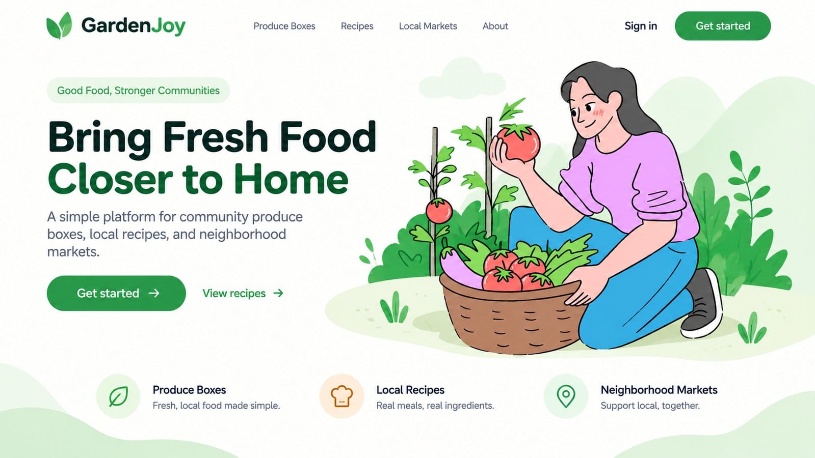 Showcase mockup of a community produce website from the Free Doodle Pop pack page: a headline reading Bring Fresh Food Closer to Home beside a kneeling woman in a pink top holding a red tomato over a basket of vegetables, with three feature rows for produce boxes, local recipes and neighborhood markets