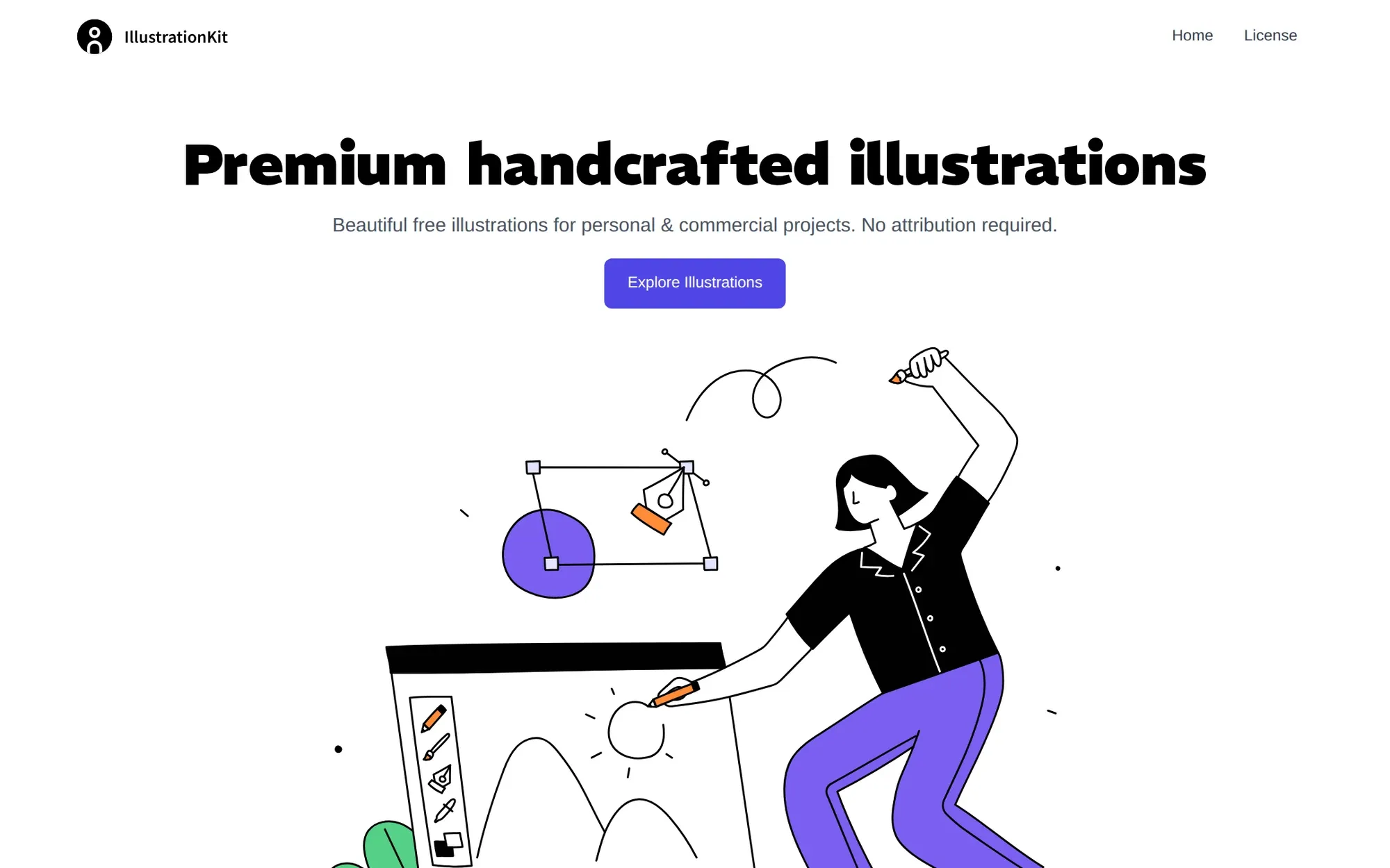 IllustrationKit in October 2026: a line art designer sketching beside the Premium handcrafted illustrations heading