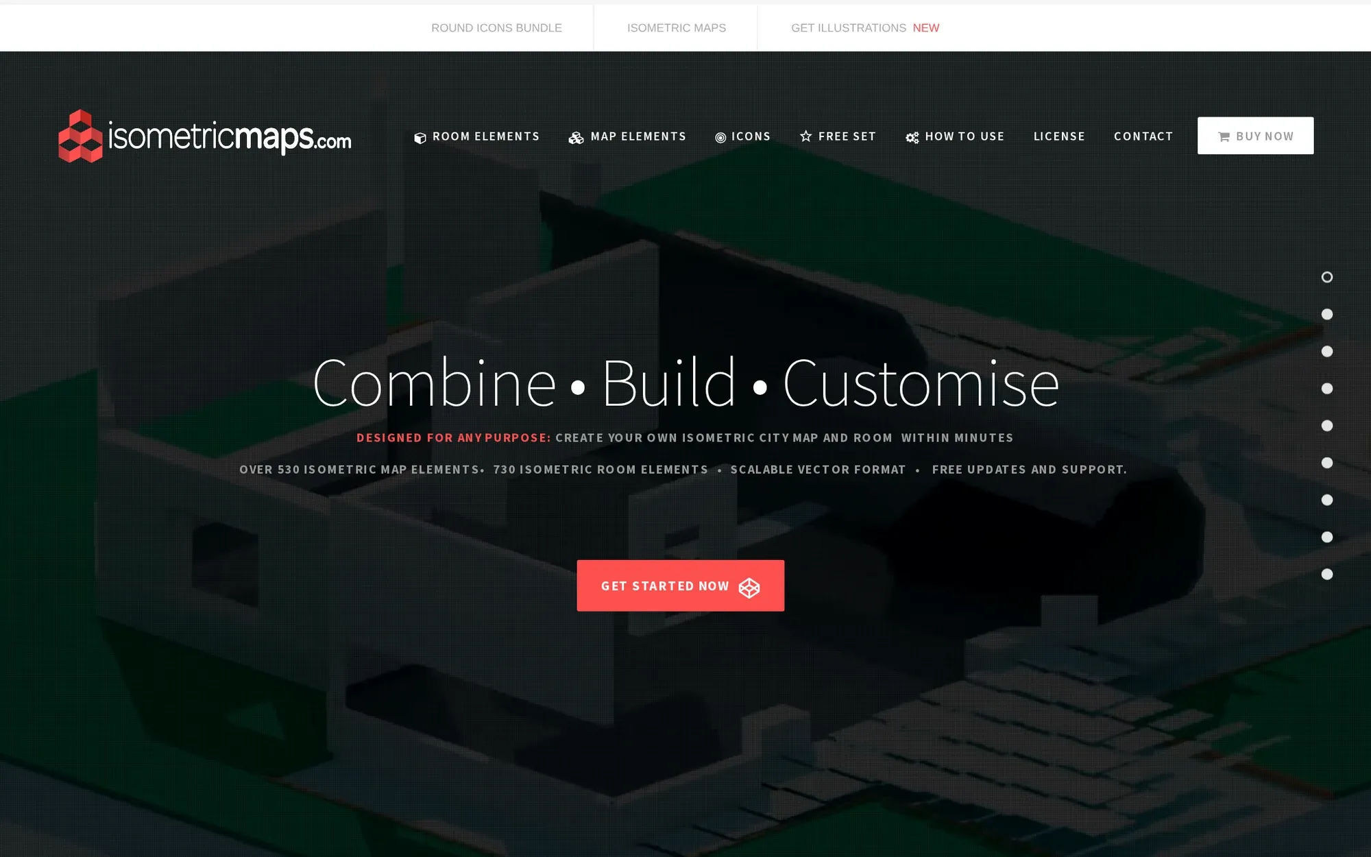 IsometricMaps in October 2026: the isometric map builder homepage with the words Combine, Build, Customise