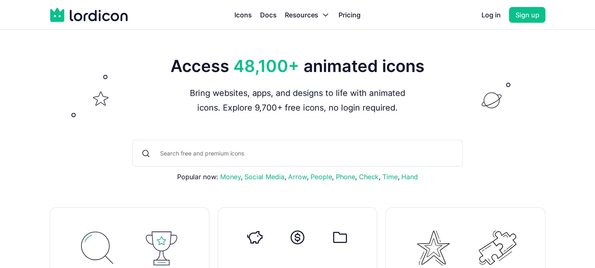 Lordicon in October 2026: the animated icons search page with outline icon previews