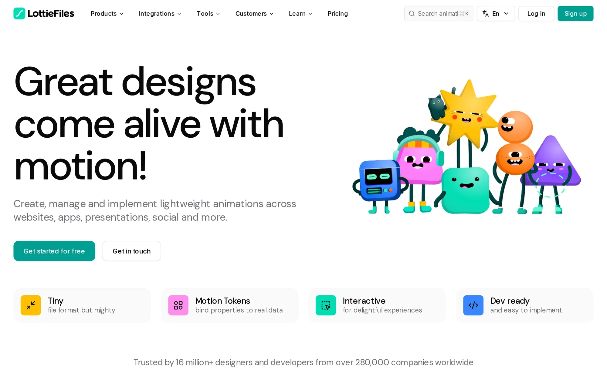 LottieFiles in October 2026: colourful animated characters beside the headline Great designs come alive with motion