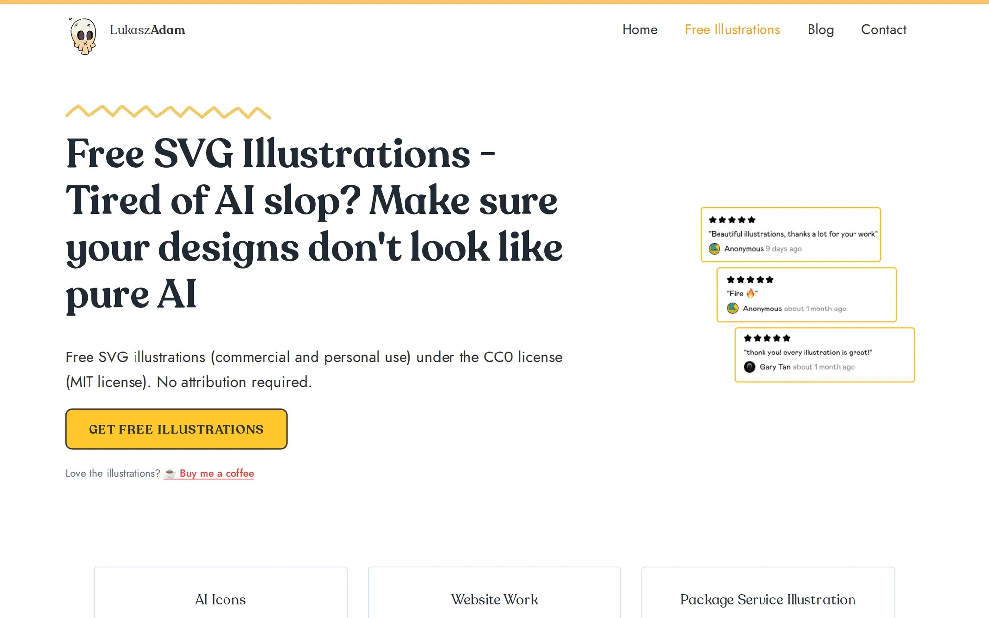 Lukasz Adam Illustrations in October 2026: the free SVG illustrations page with a yellow download button