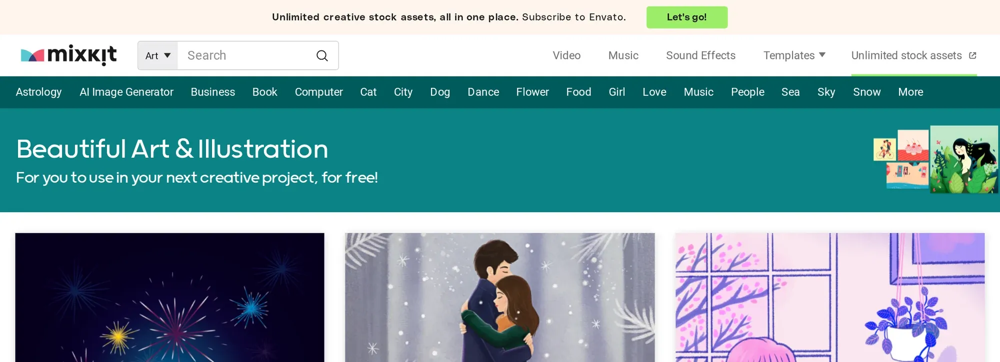 Mixkit Art in October 2026: the Beautiful Art and Illustration banner above a row of painted artworks
