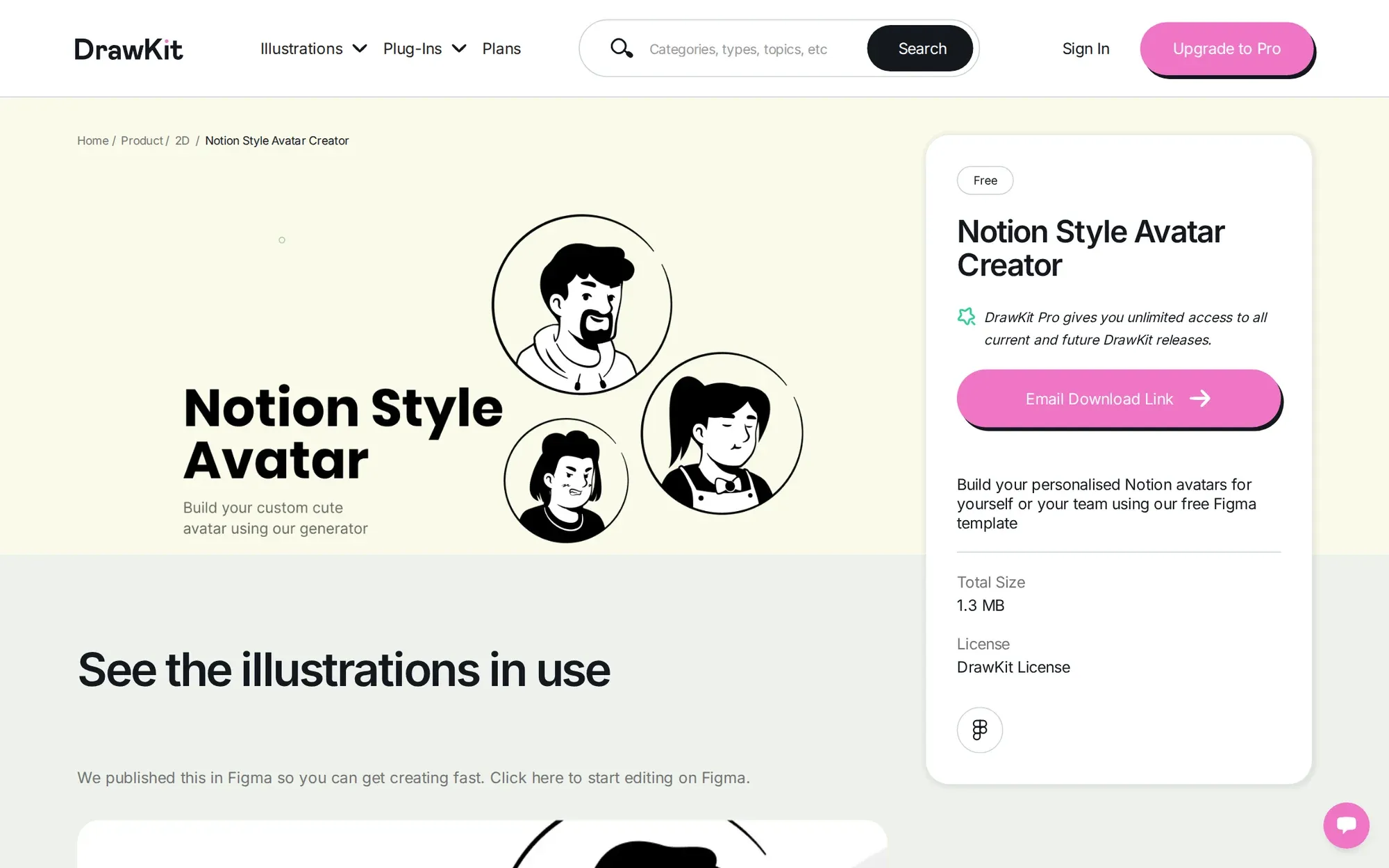 Notion Style Avatar Creator by DrawKit in October 2026: black and white Notion style avatar faces and the free download panel
