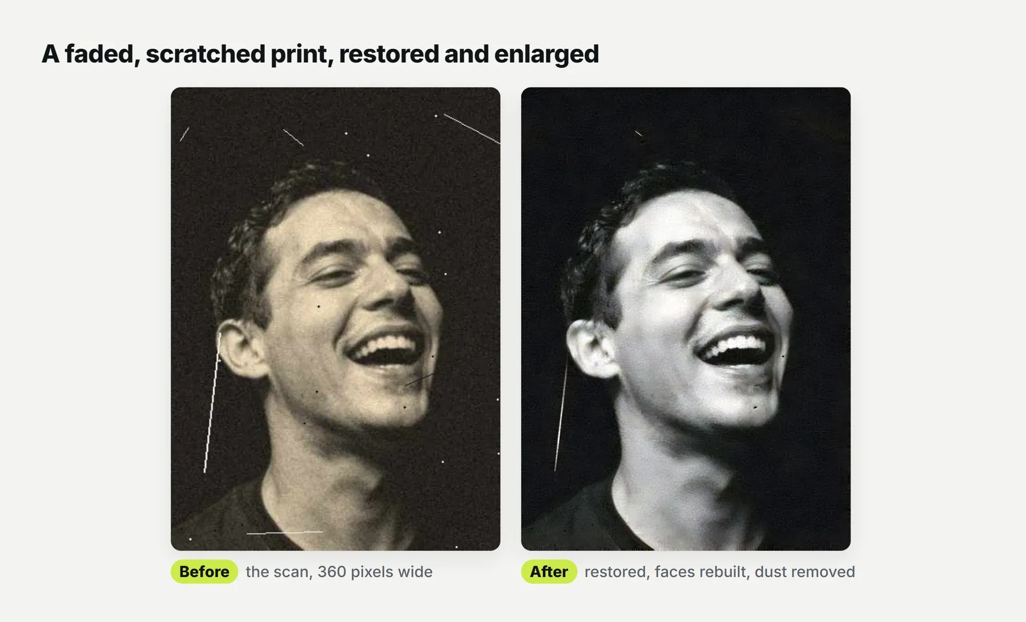 A faded, scratched portrait print before and after restoring, enlarging and removing dust in Upscaler Lab