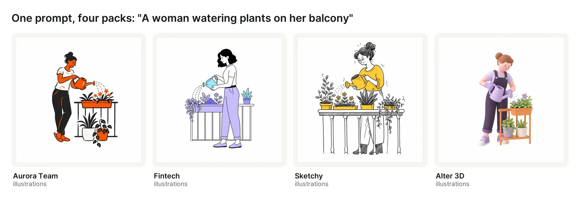 The same prompt, a woman watering plants on her balcony, drawn by the AI generator in four illustration packs: Aurora Team in orange and black ink, Fintech in lilac line art, Sketchy as a pen drawing and Alter 3D as a soft 3D figure