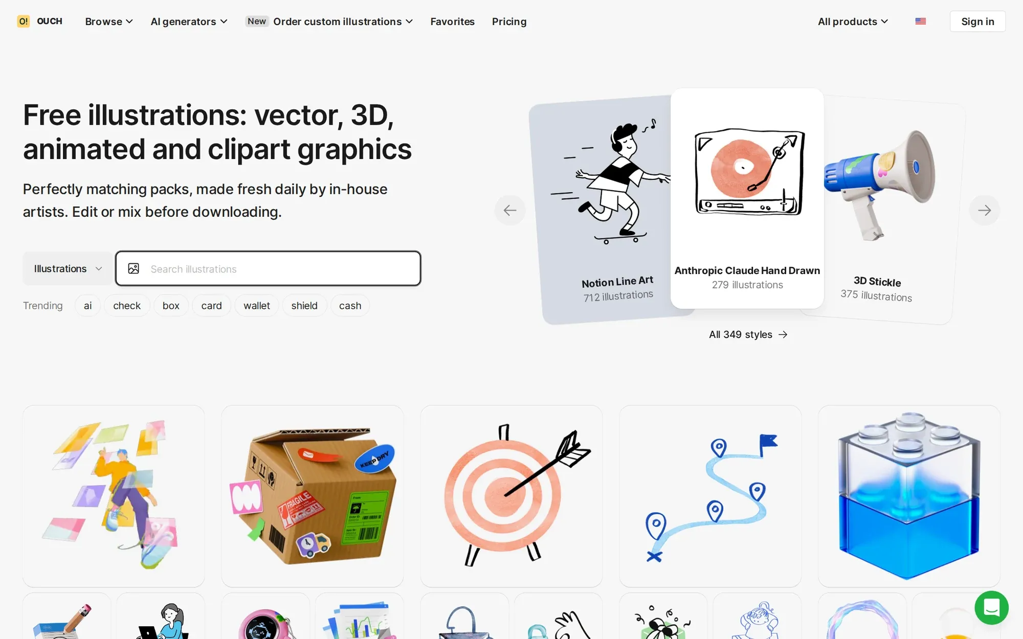 Ouch by Icons8 in October 2026: the free illustrations page with 3D and flat sample graphics