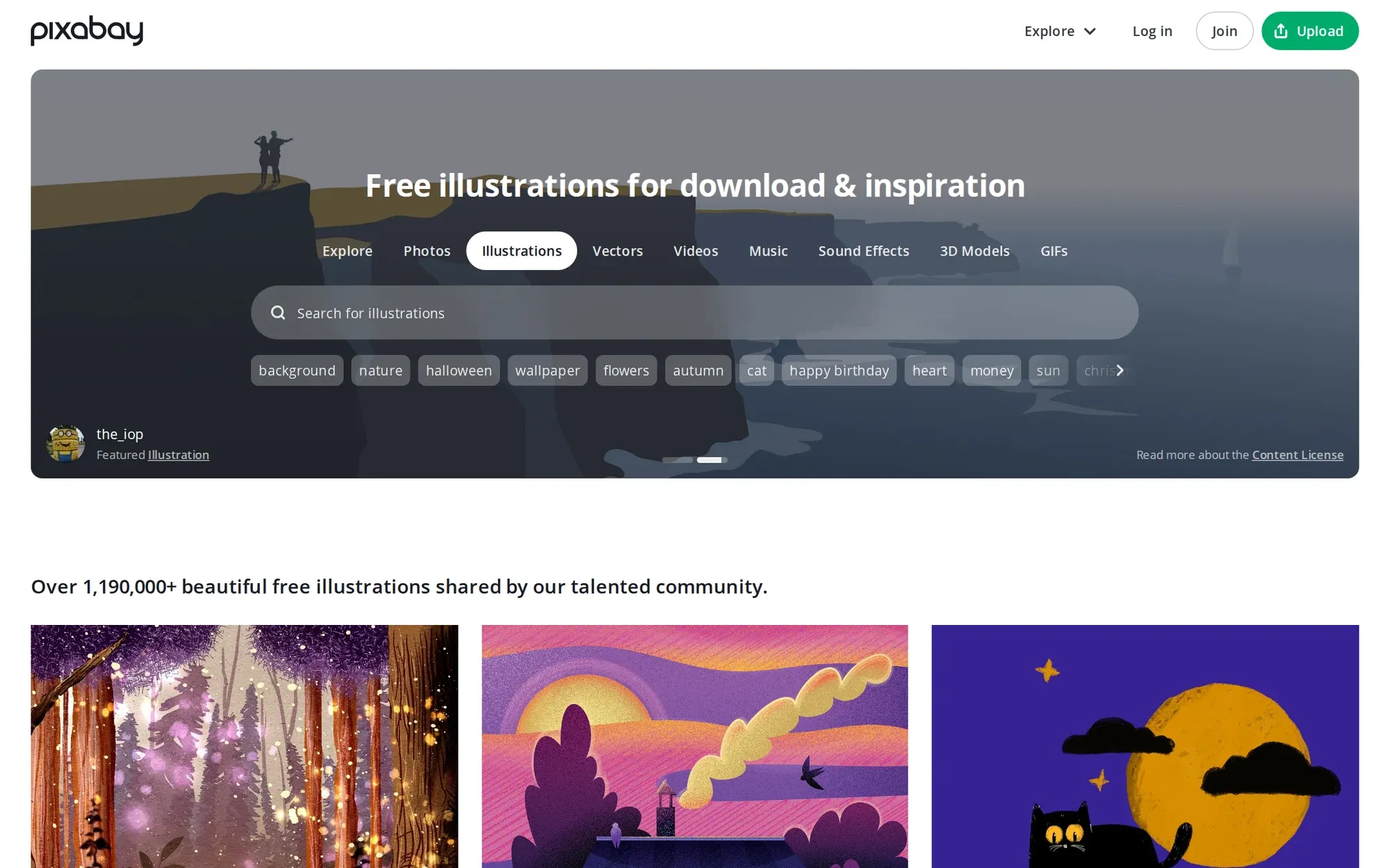 Pixabay in October 2026: the free illustrations search above three illustrated landscapes