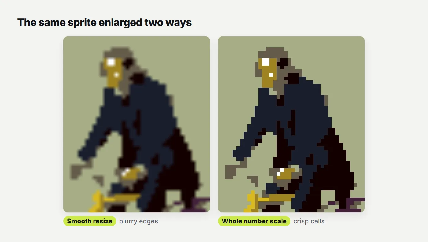 A pixel art sprite enlarged with smooth resizing, which blurs it, next to the same sprite enlarged at a whole number scale with crisp square cells
