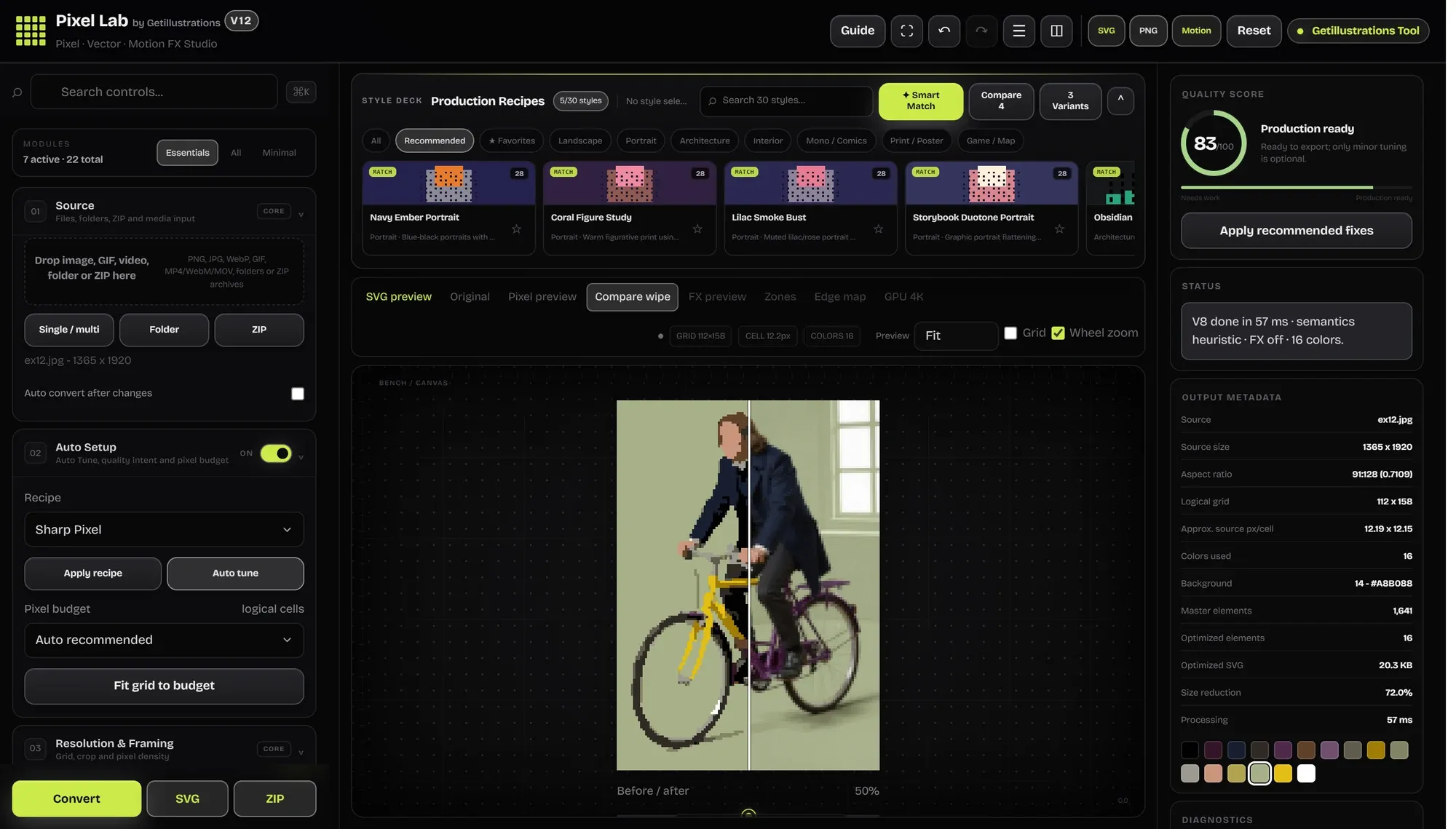 The Pixel Lab studio with a before and after wipe of the cyclist picture, the quality score and the output details