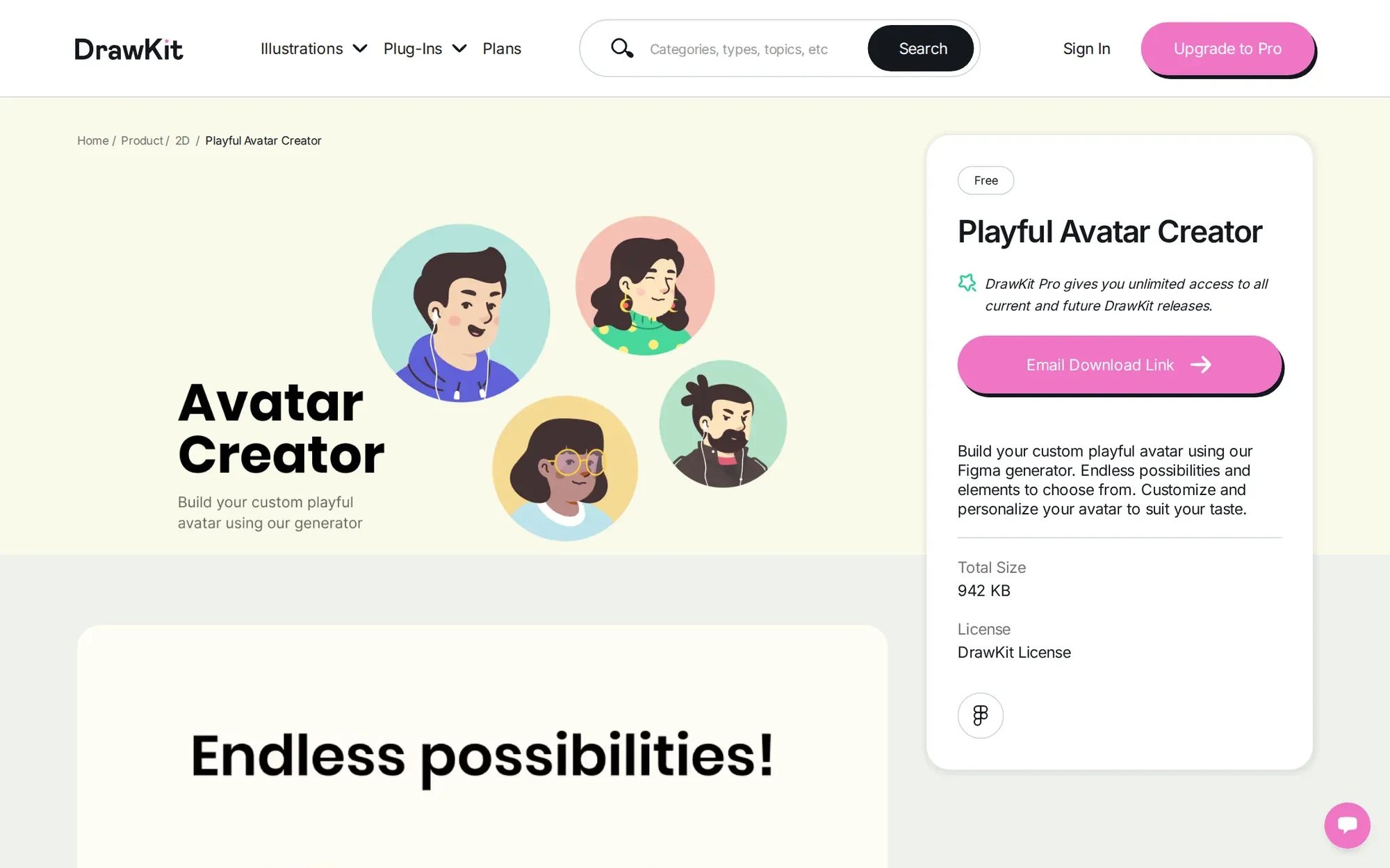Playful Avatar Creator by DrawKit in October 2026: colourful round avatar faces and the free download panel