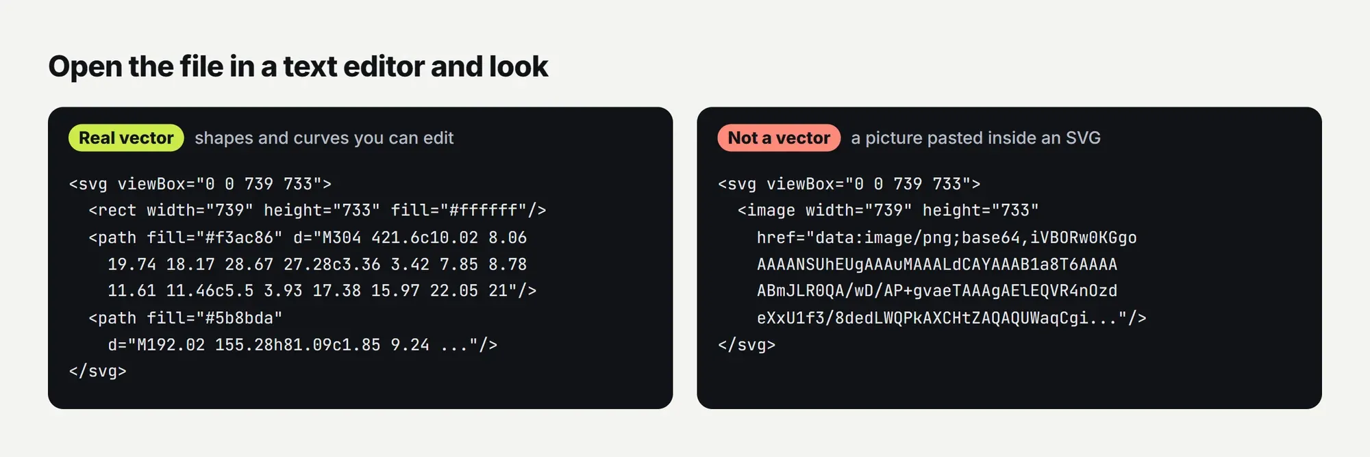 Two SVG files shown as code: a real vector made of rect and path elements, and a fake one that holds a PNG as a long block of encoded text
