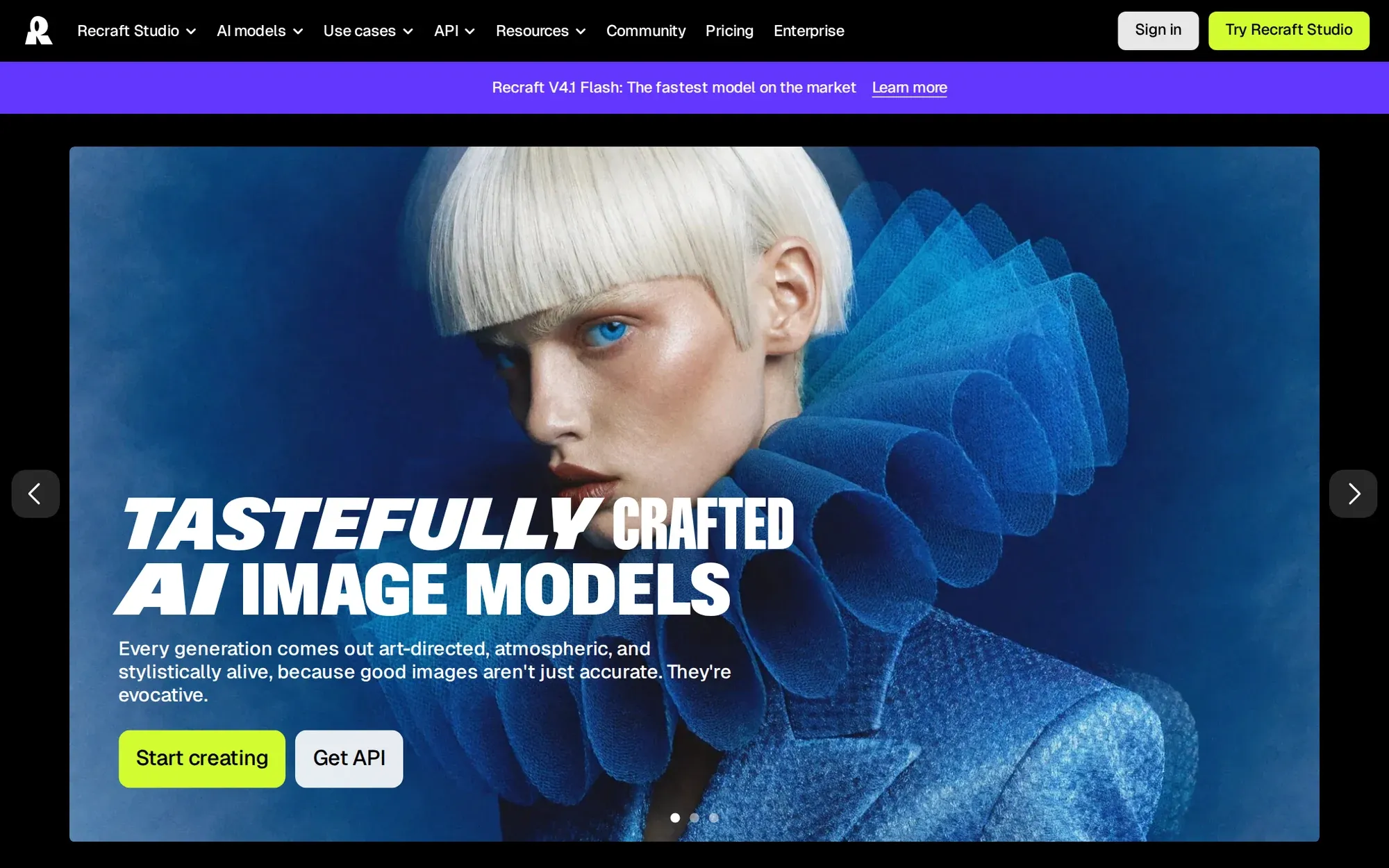 Recraft in October 2026: the Recraft homepage with an AI image model banner