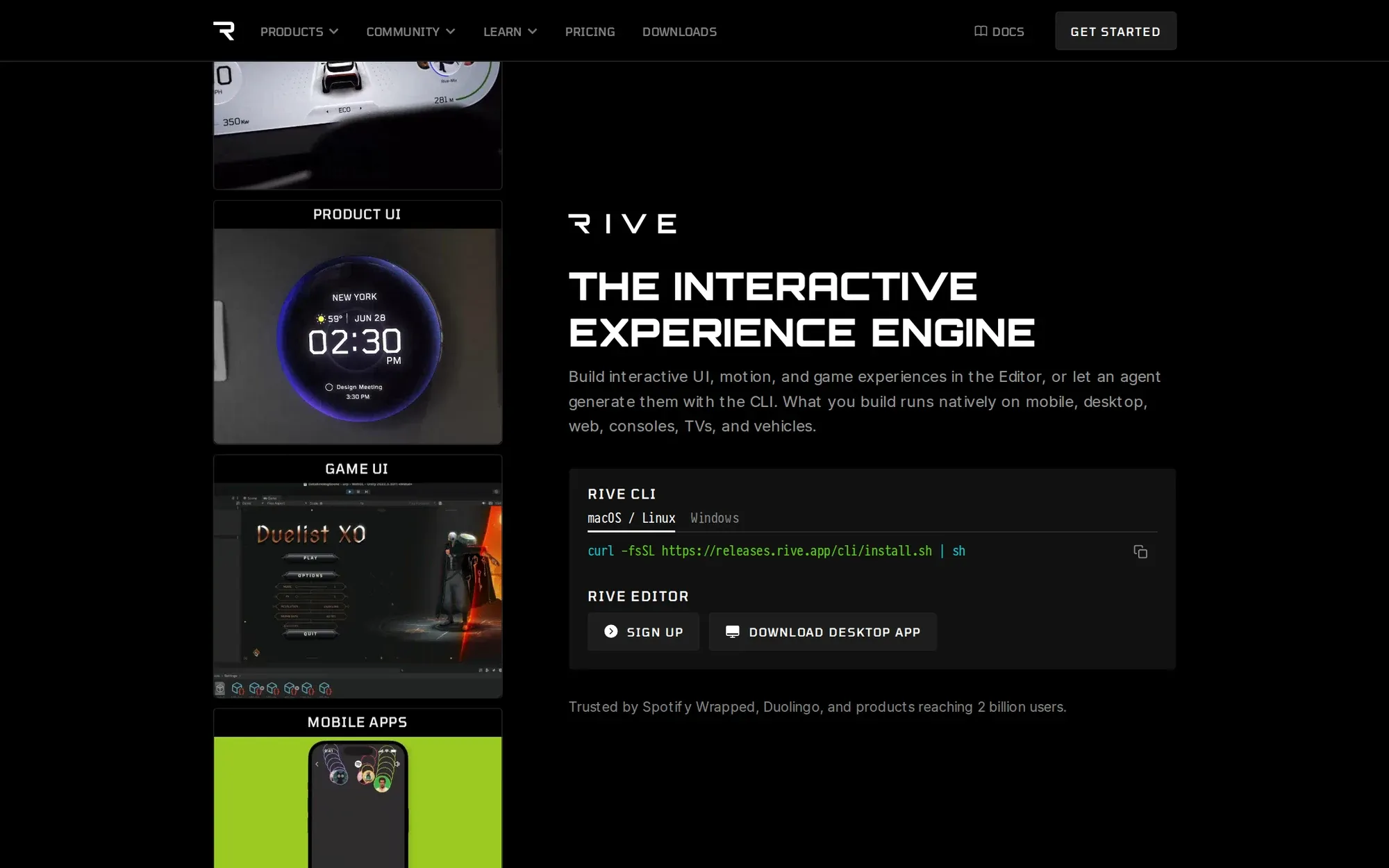 Rive in October 2026: the Rive homepage showing interactive app and game interfaces