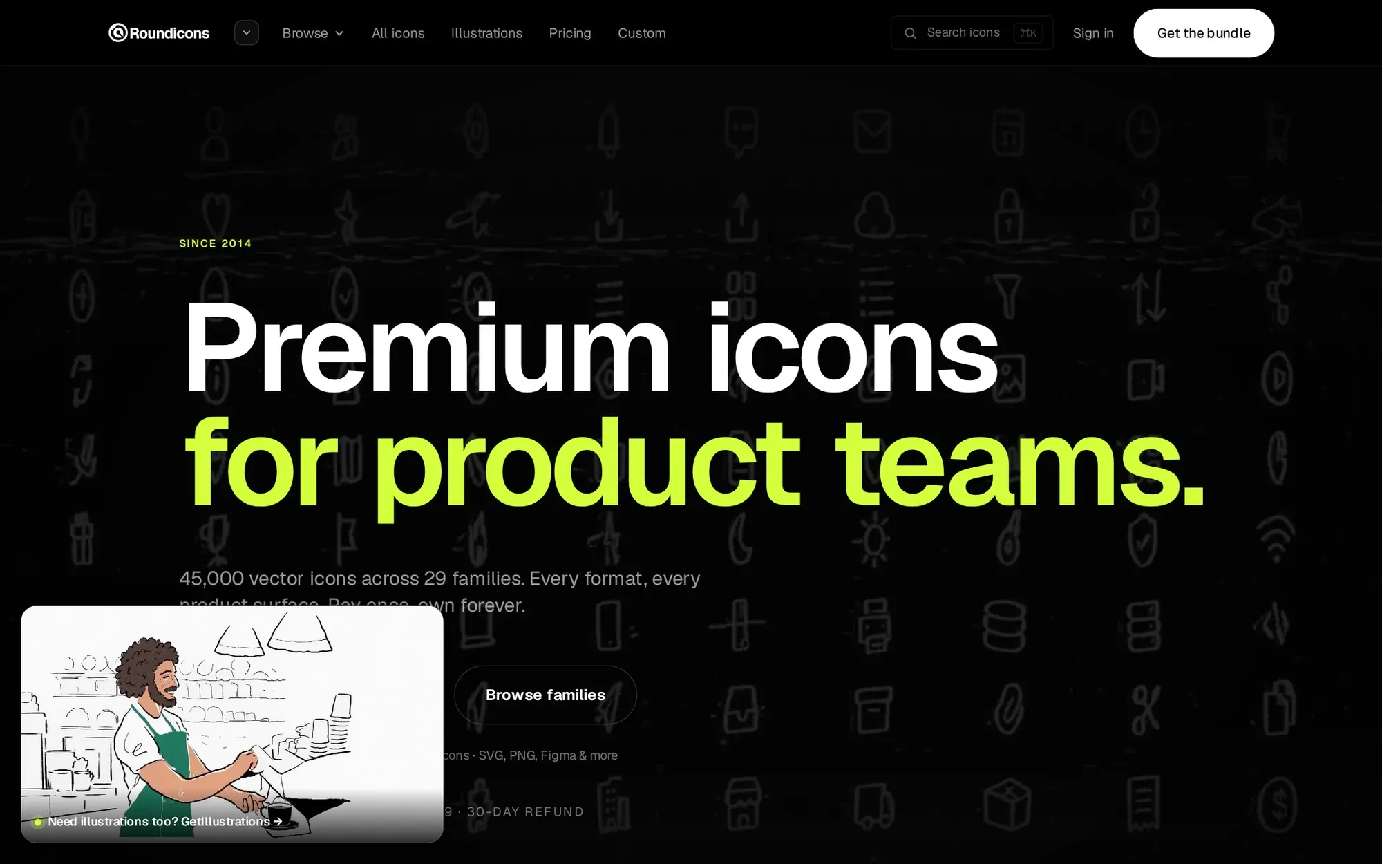 RoundIcons in October 2026: the Roundicons homepage with the headline Premium icons for product teams