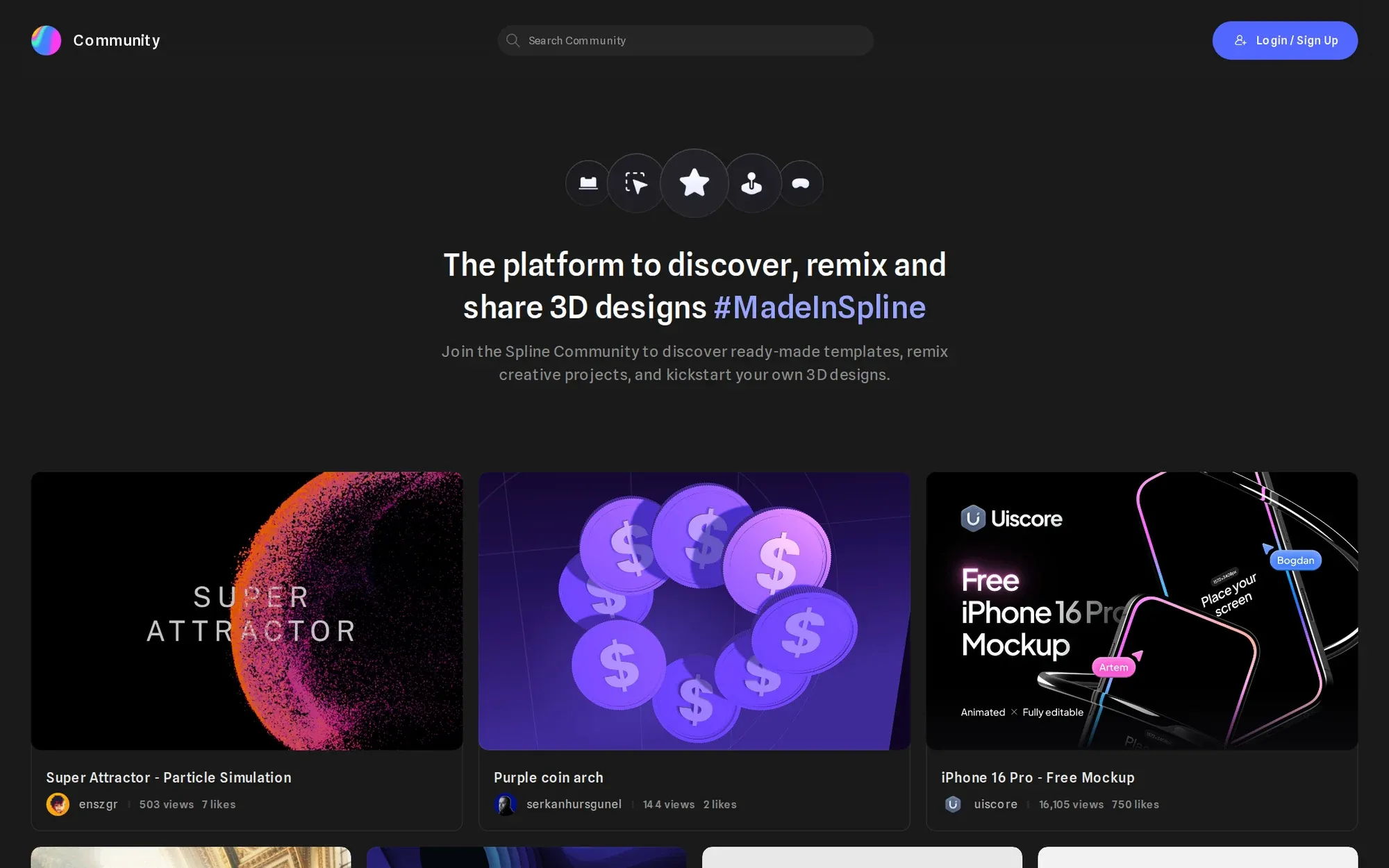 Spline community in October 2026: the Spline community page with featured 3D scenes