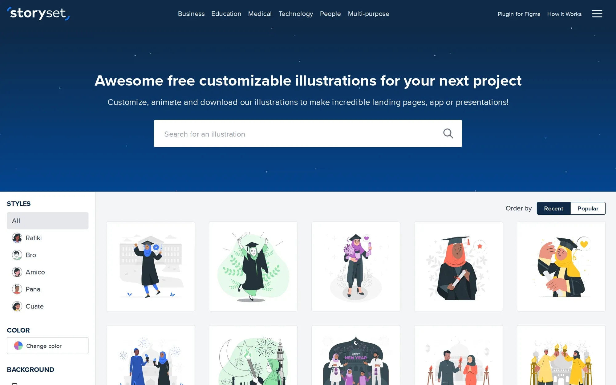 Storyset by Freepik in October 2026: the Storyset search bar above a grid of graduation themed scenes