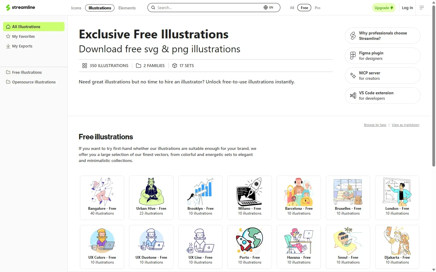 Streamline in October 2026: the free illustrations page with 17 free sets such as Bangalore and Brooklyn