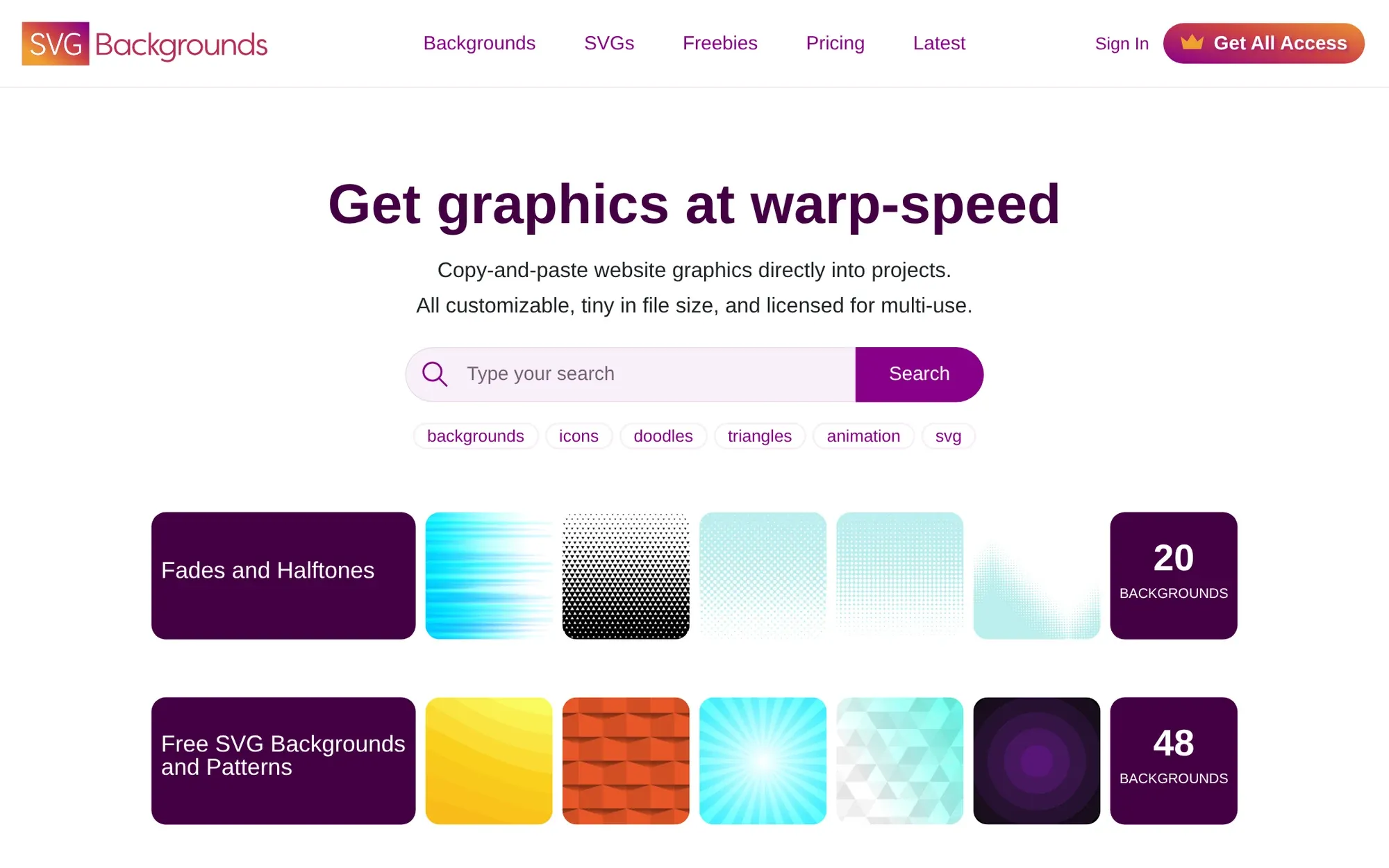 SVG Backgrounds in October 2026: the Get graphics at warp speed heading and background collections