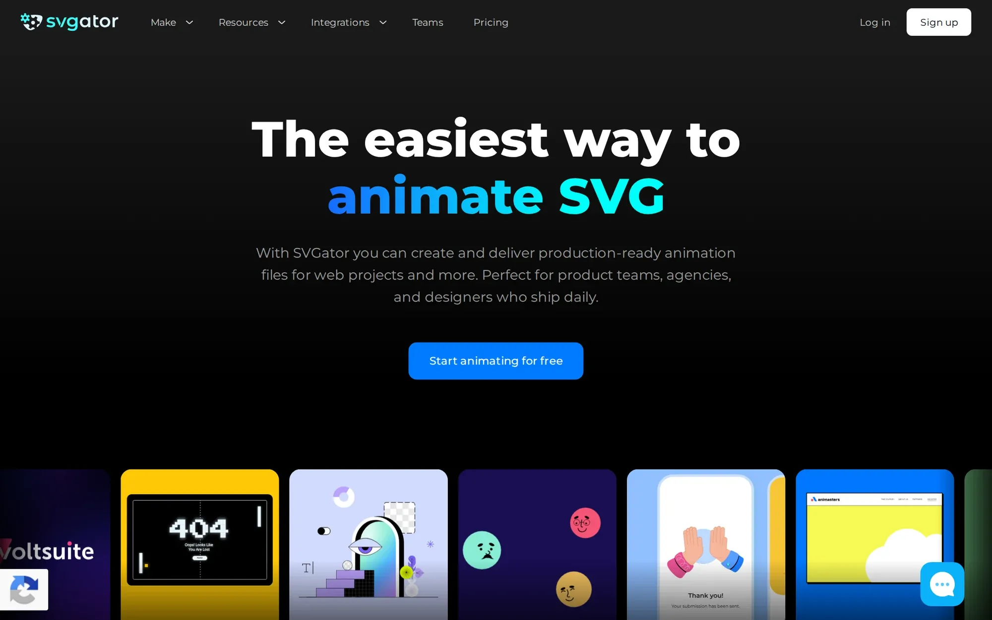 SVGator in October 2026: the headline The easiest way to animate SVG above sample animations