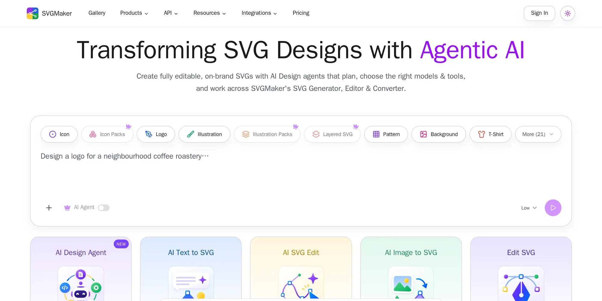 SVGmaker in October 2026: the SVG generator prompt box and tool cards