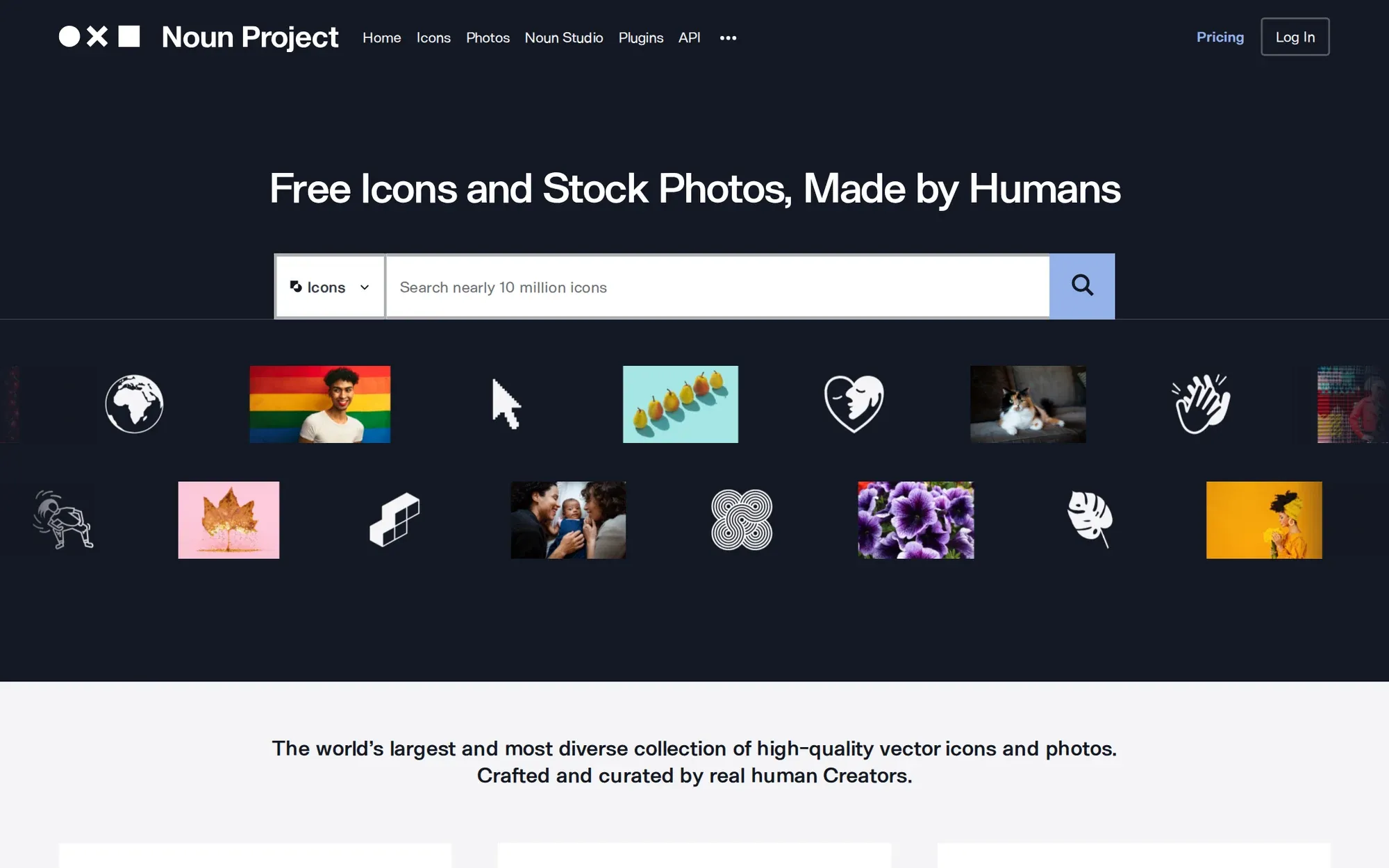 The Noun Project in October 2026: the icon search bar above a strip of icons and photos