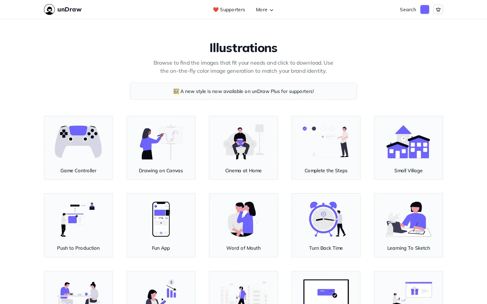unDraw in October 2026: a grid of flat purple illustrations with the colour picker at the top