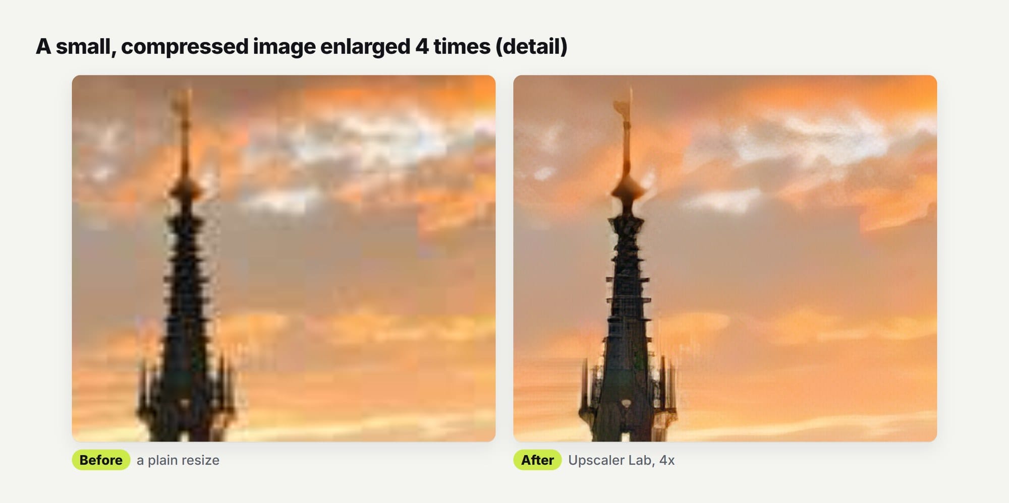 A church spire from a small, compressed image enlarged four times, once with a plain resize and once with Upscaler Lab