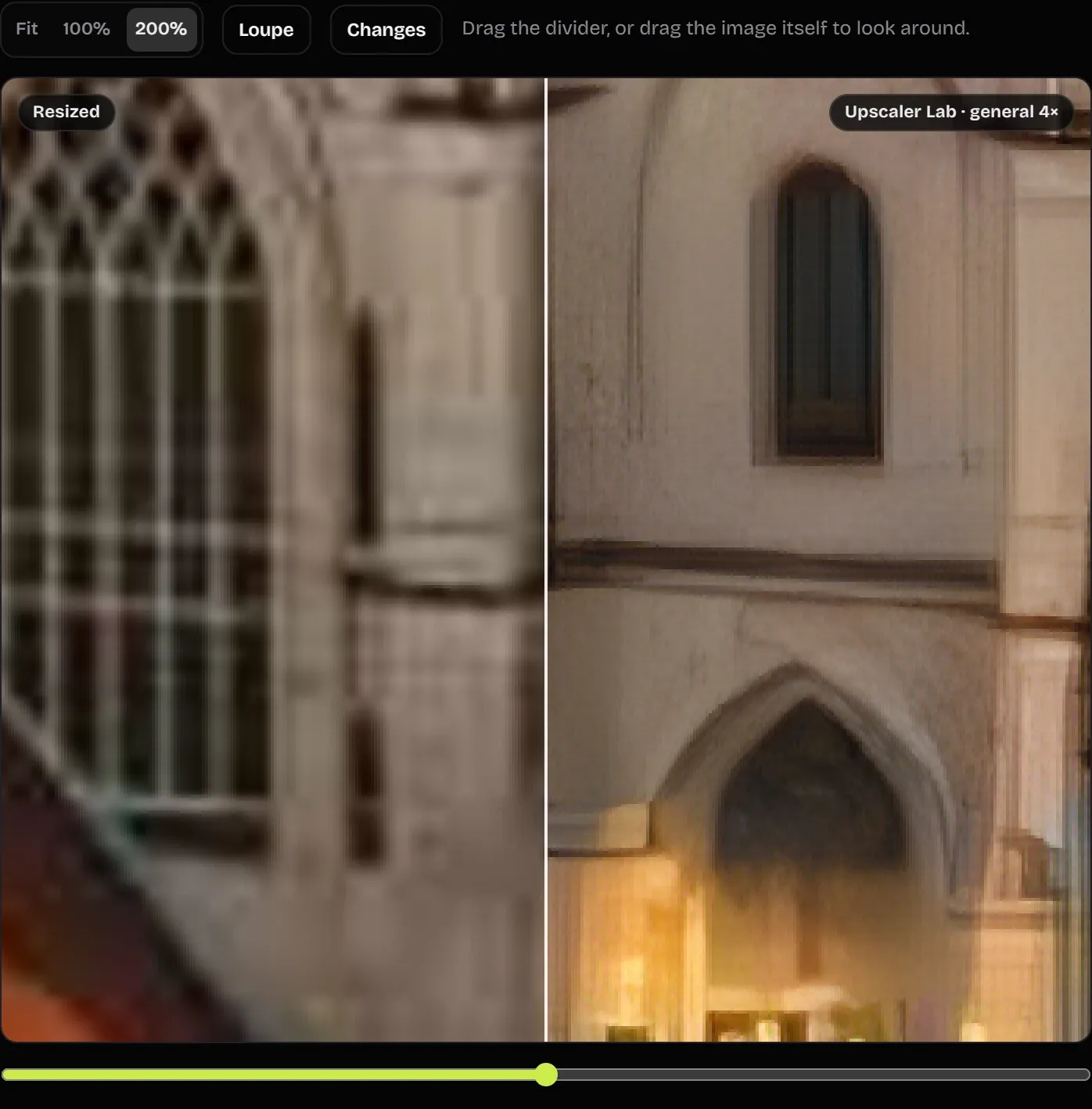 Upscaler Lab compare view at 200 percent, with a plain resize left of the divider and the upscaled result on the right