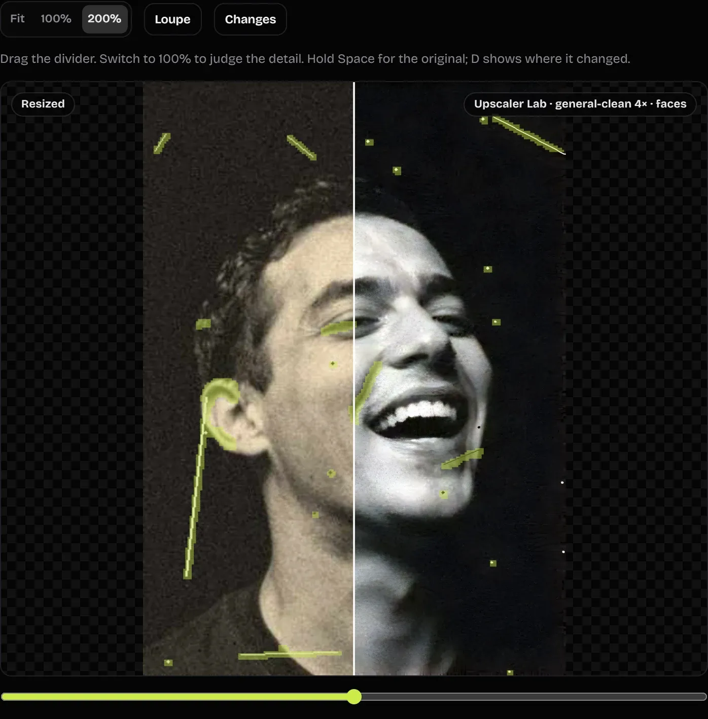 Upscaler Lab marking scratches and dust on an old black and white portrait in bright green before removing them