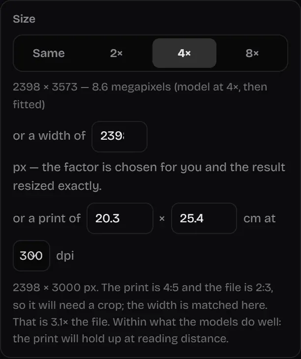 The Upscaler Lab size panel set to a print of 20.3 by 25.4 centimeters at 300 dpi, with a note saying the file will be enlarged 3.1 times
