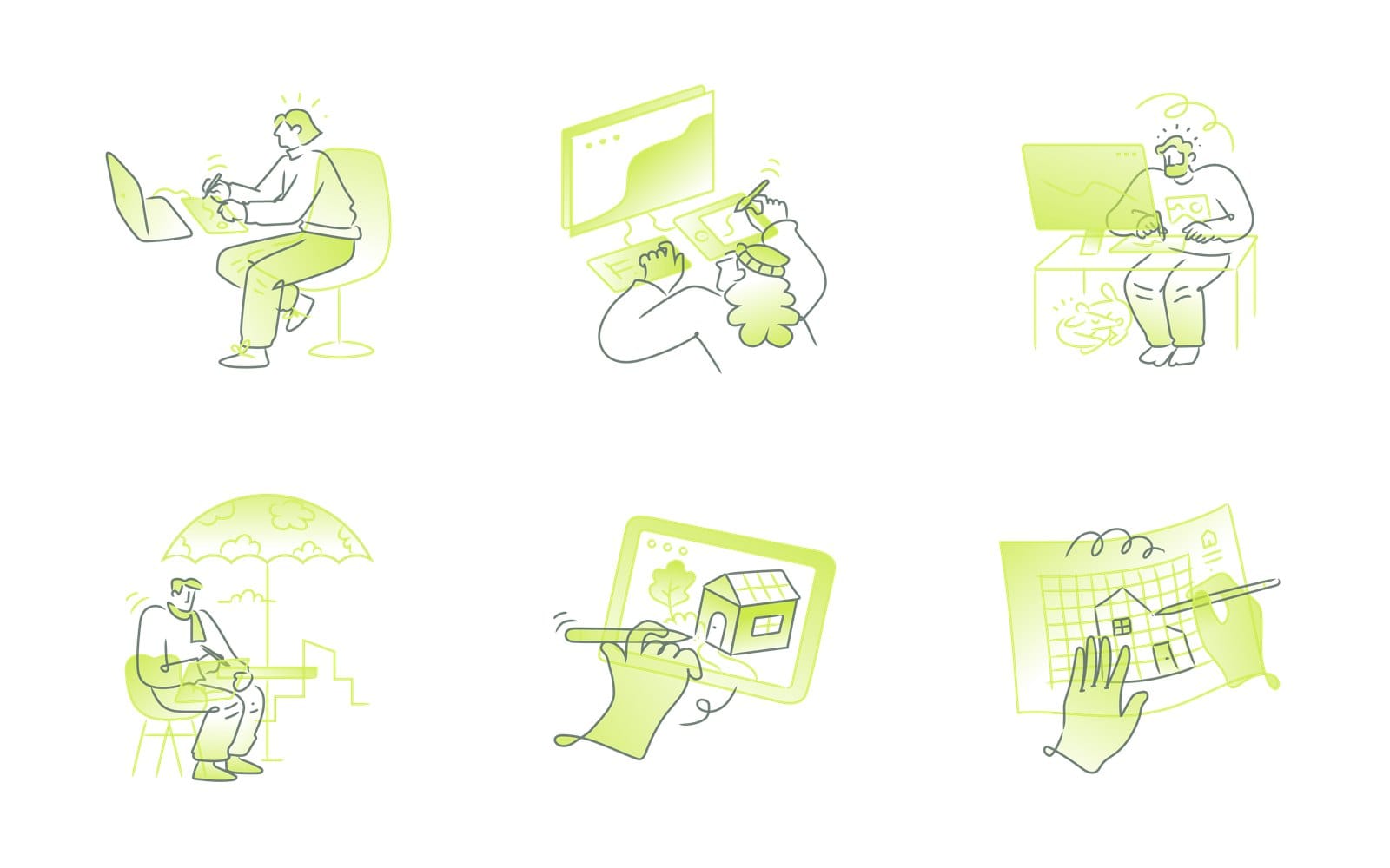Six lime line illustrations of designers at work on white: a designer with a laptop and tablet, hands drawing beside a monitor, a person at a desk, someone sketching under an umbrella, a hand drawing a house on a tablet and hands on a gridded blueprint
