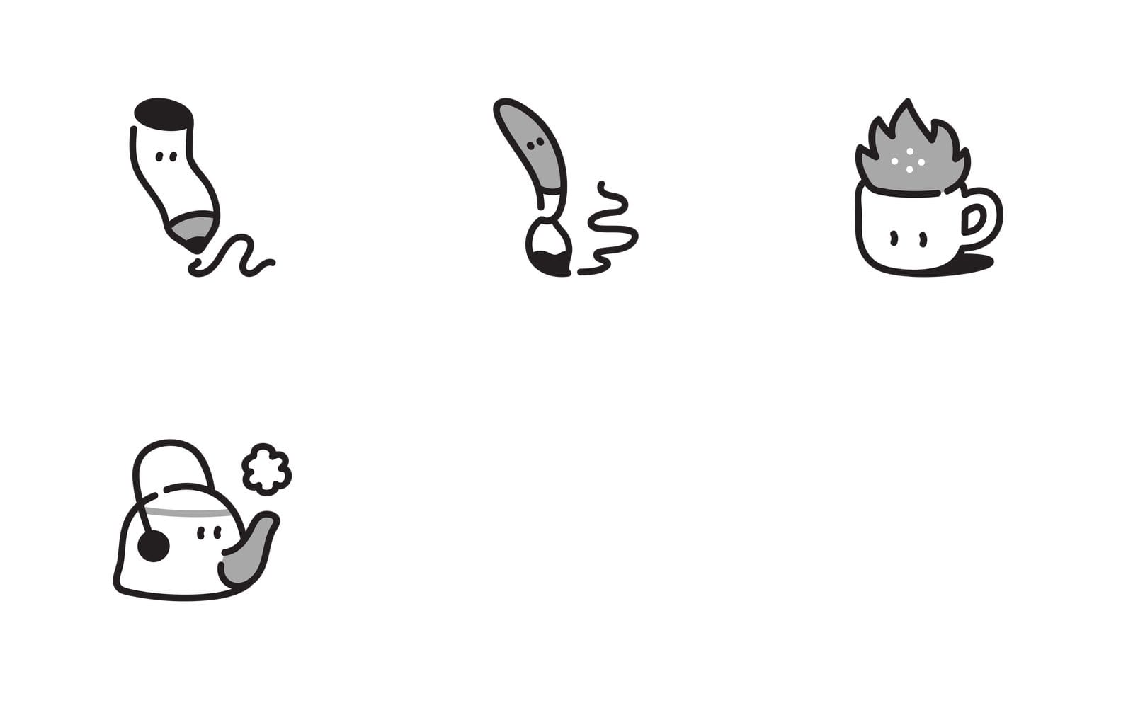 Four small black and grey bot characters on white: a pencil, a paintbrush, a mug with a flame of hair and a teapot letting out steam