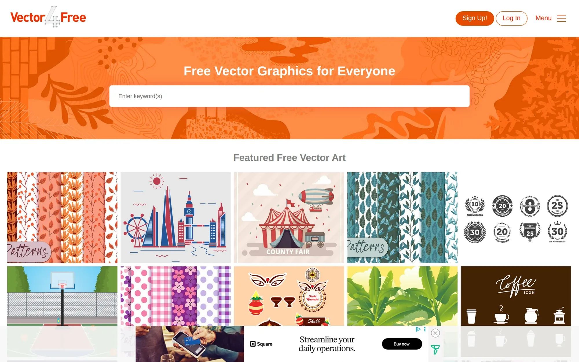 Vector4Free in October 2026: the orange Free Vector Graphics for Everyone banner above vector art