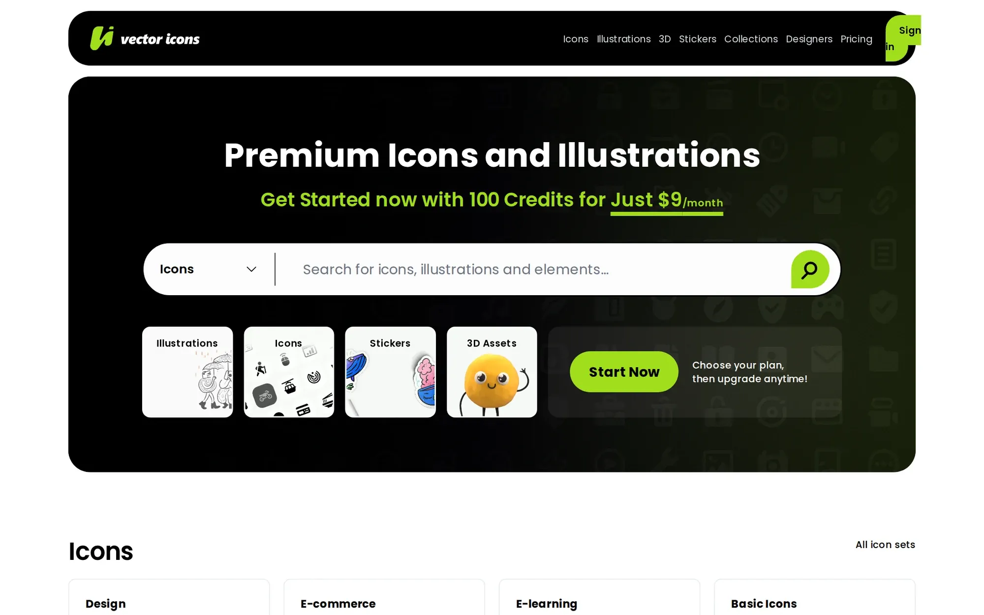 VectorIcons.net in October 2026: the Premium Icons and Illustrations search with category tiles