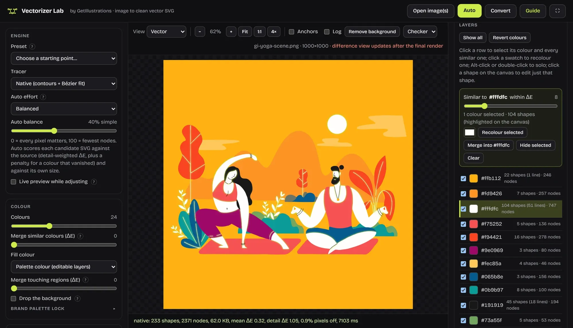 Vectorizer Lab with every white line in a yoga illustration selected through the Layers panel, ready to recolor, merge or hide