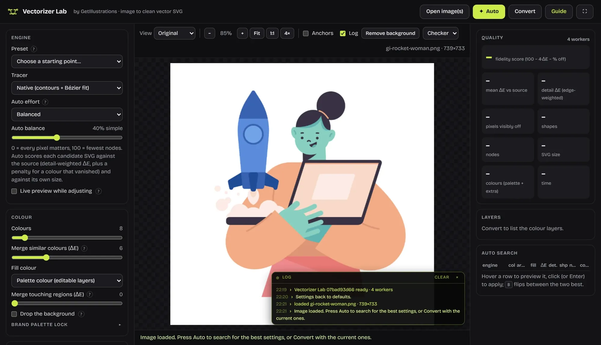 The Vectorizer Lab studio with a flat illustration of a woman and a rocket loaded and ready to trace