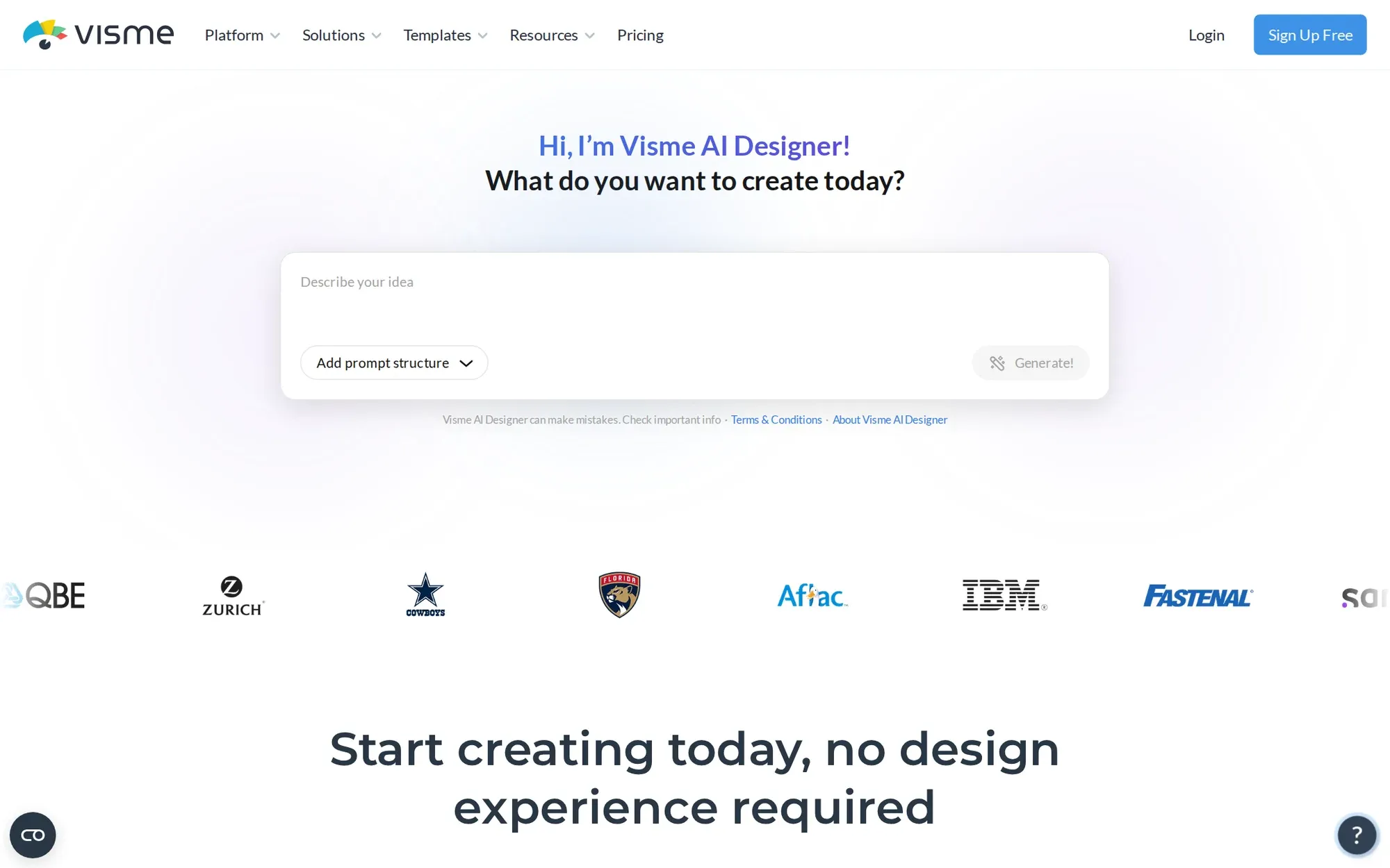 Visme in October 2026: the Visme AI designer prompt box
