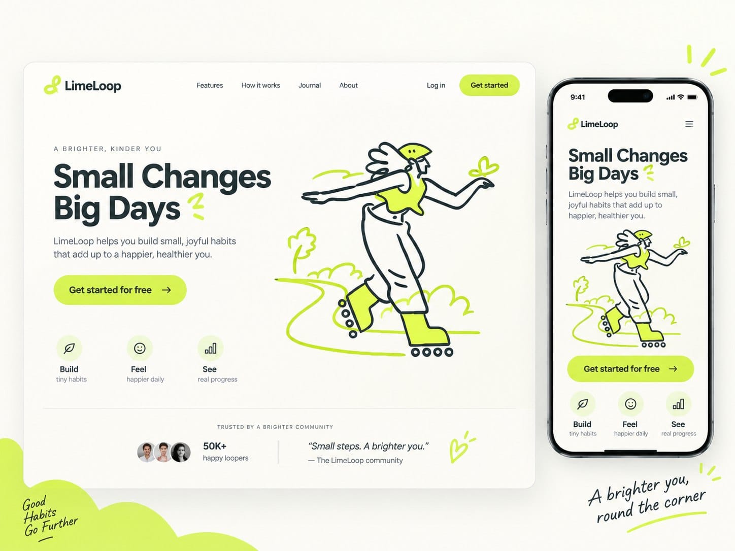 A website mockup for a fictional habit app with a lime and black line illustration of a woman on roller skates shown on both the desktop page and the phone screen