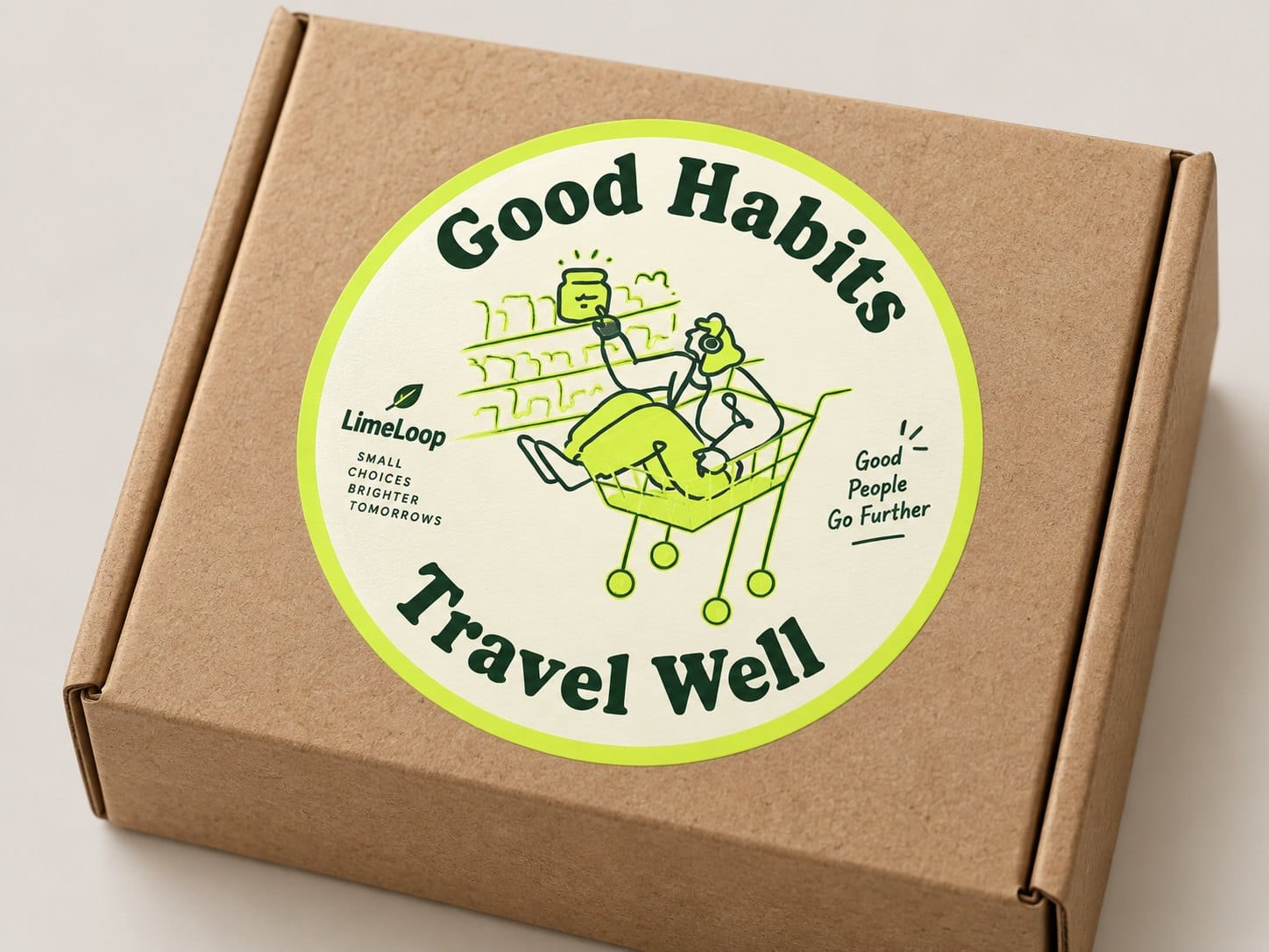A packaging mockup with a round sticker on a kraft cardboard box, printed in green with a line illustration of a person riding in a shopping cart