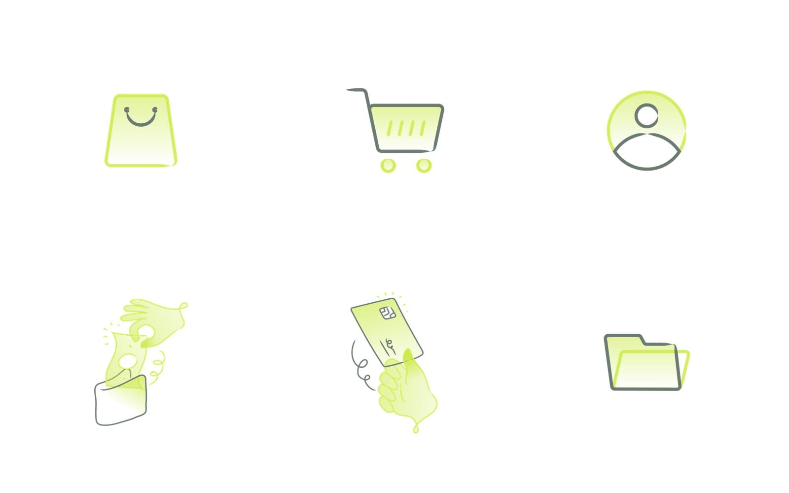 Six icons from one pack on white: a shopping bag, a shopping cart, a user avatar, a hand taking money from a wallet, a hand holding a credit card and a folder