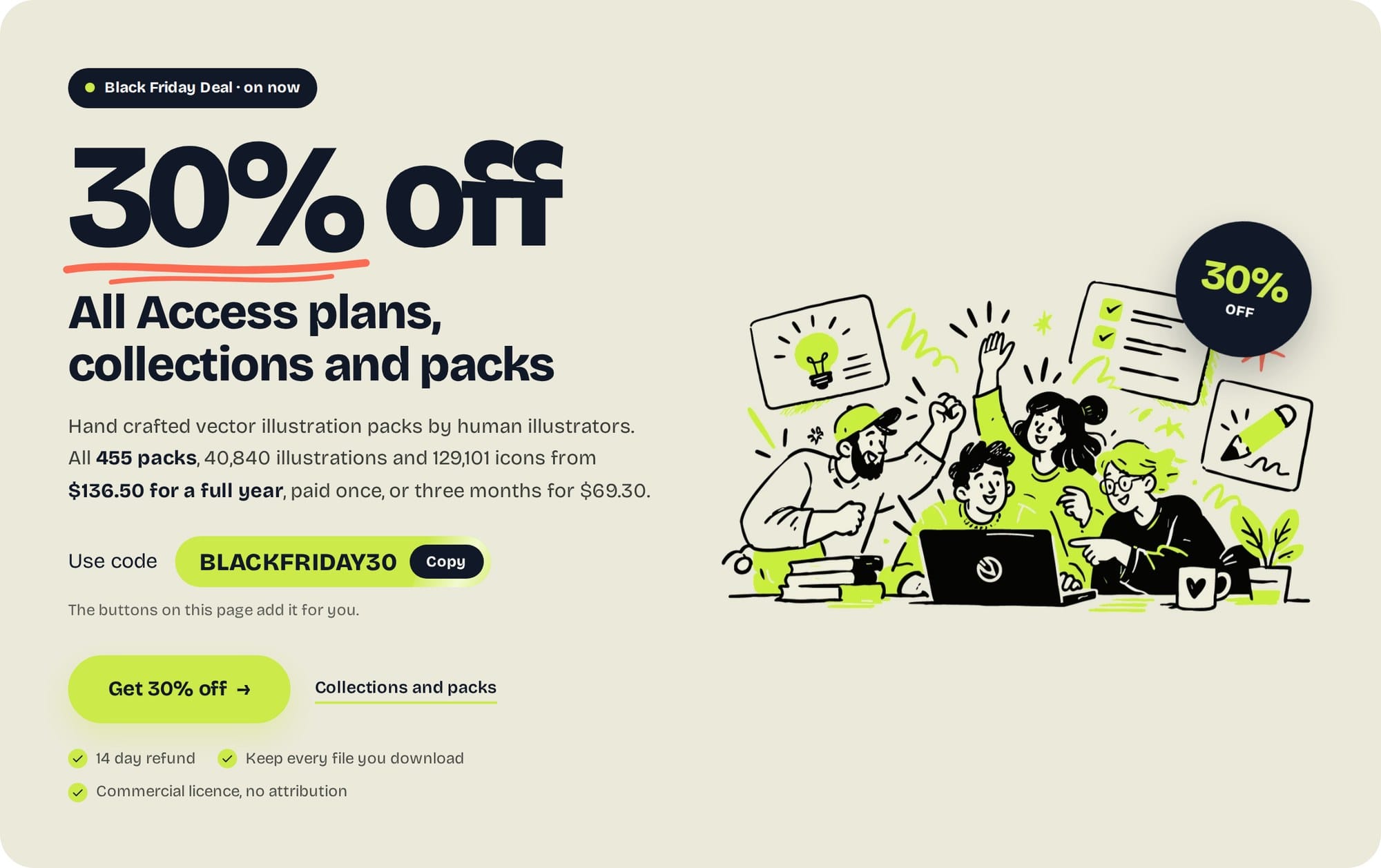 The GetIllustrations Black Friday 2026 page: 30% off All Access plans, collections and packs with the code BLACKFRIDAY30, beside a hand drawn team cheering at a laptop