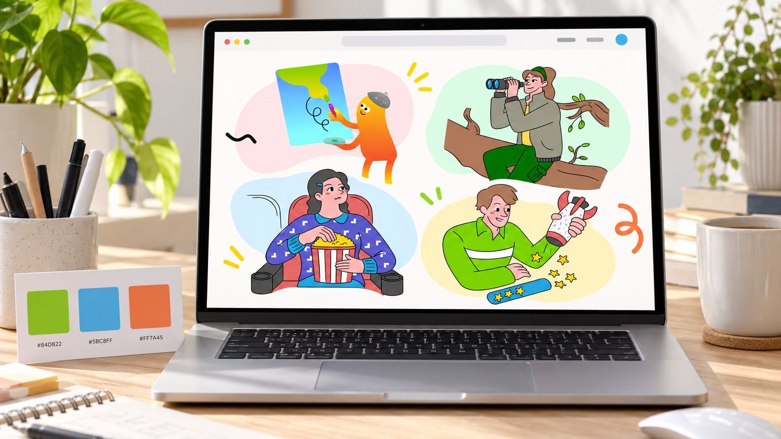 A mockup of a laptop on a wooden desk showing four of our illustrations on a website, with a printed card of three brand colour swatches labelled with hex codes propped beside the keyboard