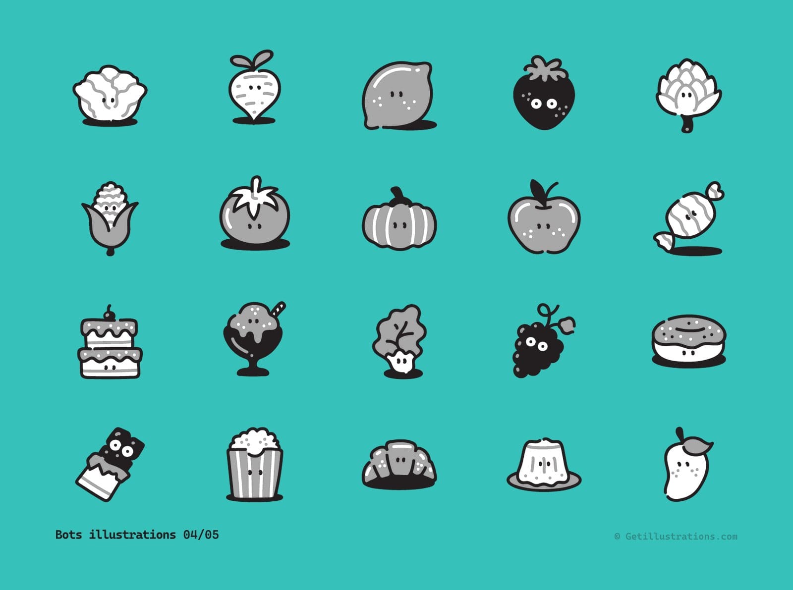 Twenty food characters from the Bots illustration pack on a teal background, drawn in black, white and grey with small faces, including a pumpkin, corn, an apple, grapes and popcorn.
