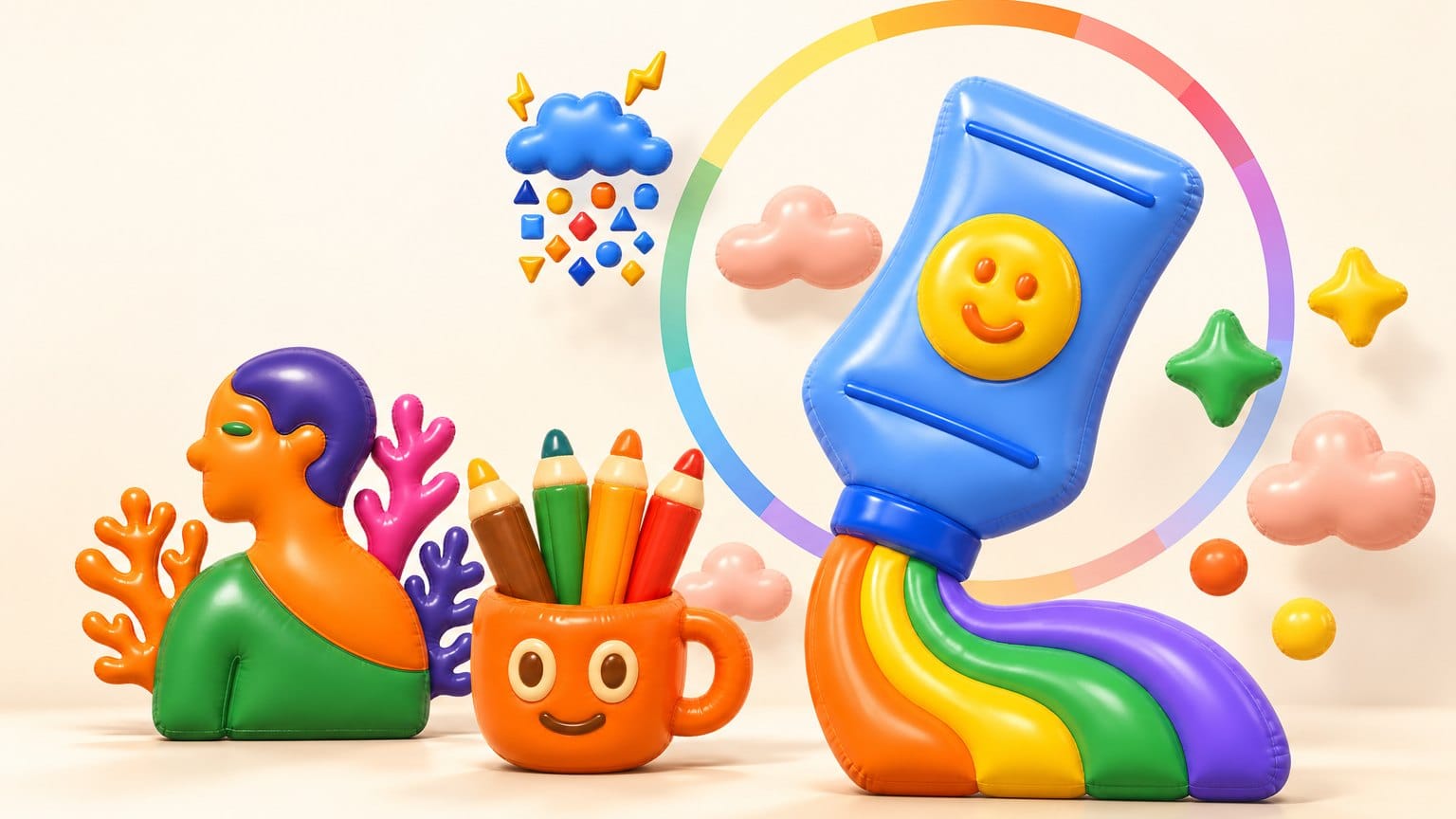 A mockup built from Bloomie 3D balloon illustrations on cream, a blue paint tube squeezing a rainbow, a mug of colored pencils and an abstract bust, with a thin color wheel ring behind them