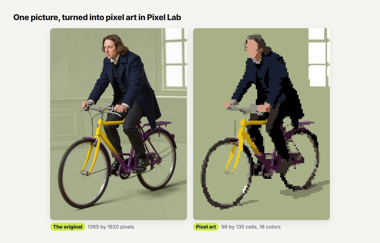 A man riding a yellow bicycle next to the same picture as pixel art, 96 cells wide with 16 colors