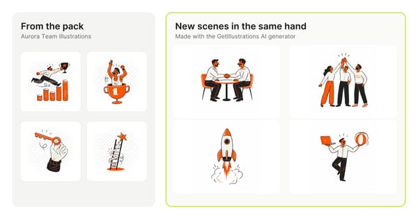 Four drawings from the Aurora Team pack beside four new AI illustrations in the same orange and black style: a handshake, a high five, a rocket and a man balancing a laptop and a ball
