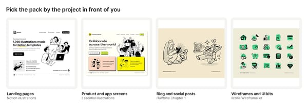 Four pack covers matched to projects: Notion illustrations for landing pages, Essential illustrations for app screens, Halftone Chapter 1 for blog posts and ilcons Wireframe kit for UI kits